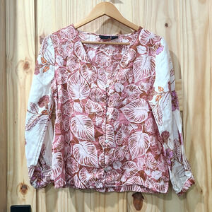 Tahari Linen Pink Floral Leaf Long Sleeve Button Up Beachy Coastal Size XS